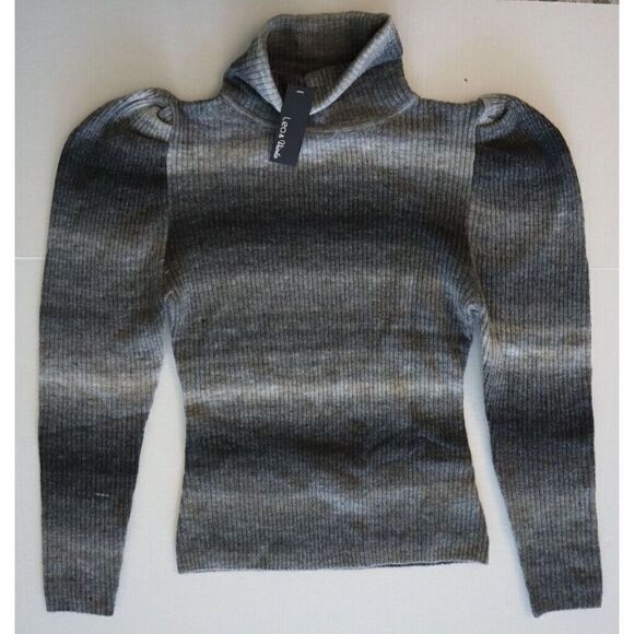 Lea & Viola L7890 Women's Sz M Black/Gray Ribbed Puff Sleeve Wool-Blend Sweater - Picture 1 of 5